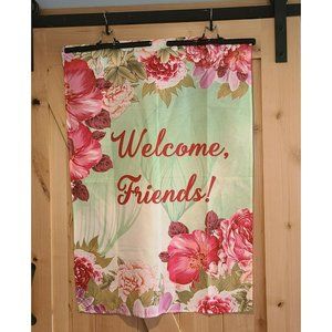 Welcome Friends Garden Flag Pink Red Purple Roses Green Floral 27x39